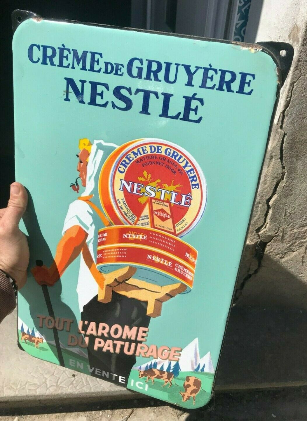 ANCIENNE PLAQUE EMAILLEE CREME DE GRUYERE NESTLE ETAT D'ORIGINE