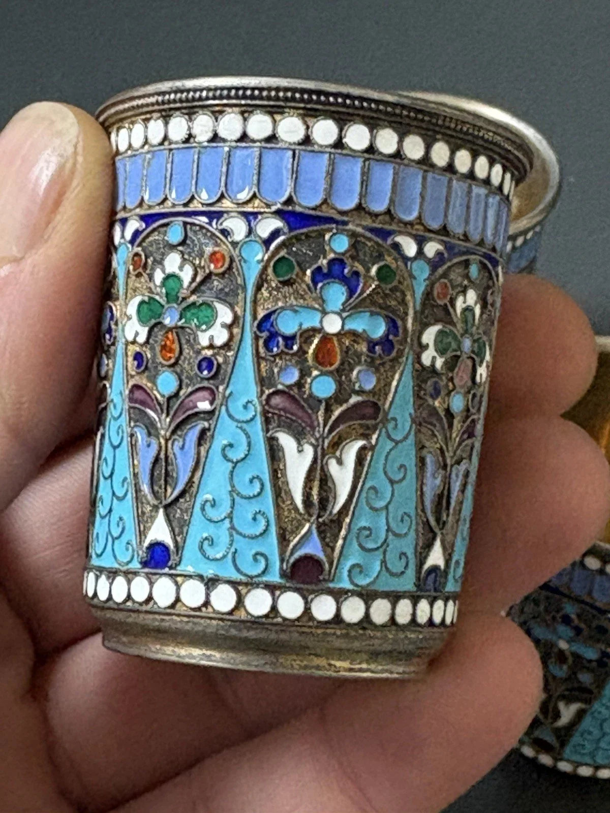 Lot 3 Gobelets En Argent Massif Émaillé Cloisonné Russian Sterling 19 Siècle