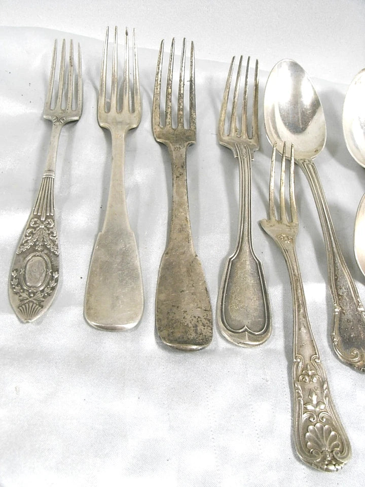 ANCIENS LOT 12 COUVERTS CUILLERE FOUCHETTE ARGENT MASSIF