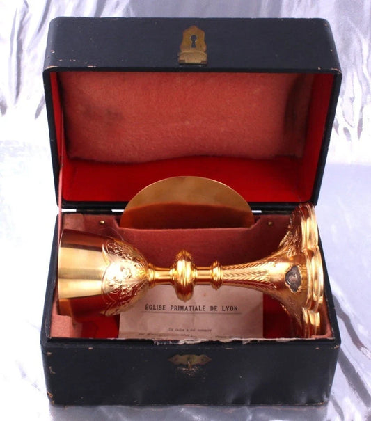 BEAU GRAND CALICE NEOGOTHIQE PATENE ORNE DES MEDAILLONS - ARGENT MASSIF MINERVE