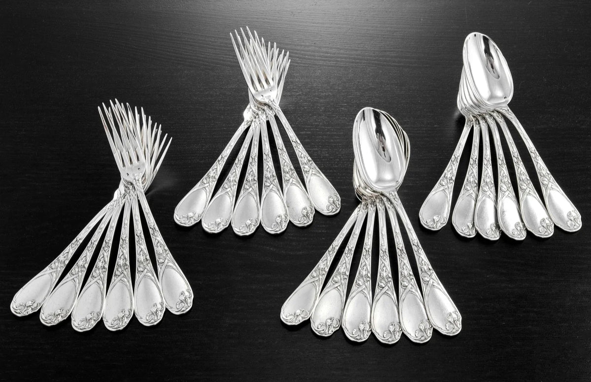PUIFORCAT : Prestigieuse Ménagère Argent massif ép. Art Nouveau mod. IRIS 25pcs