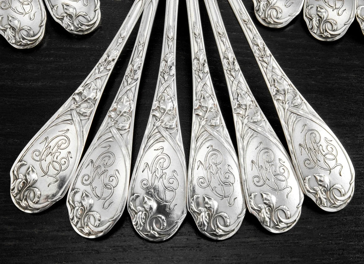 PUIFORCAT : Prestigieuse Ménagère Argent massif ép. Art Nouveau mod. IRIS 25pcs
