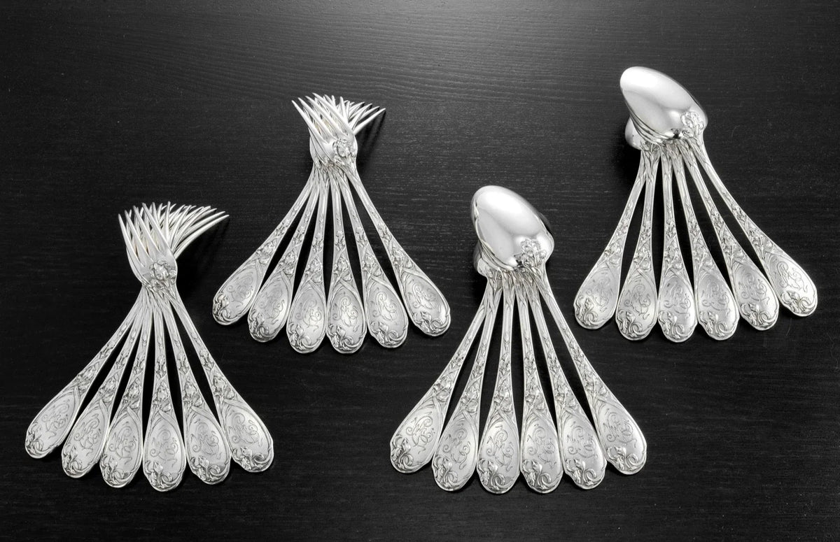 PUIFORCAT : Prestigieuse Ménagère Argent massif ép. Art Nouveau mod. IRIS 25pcs