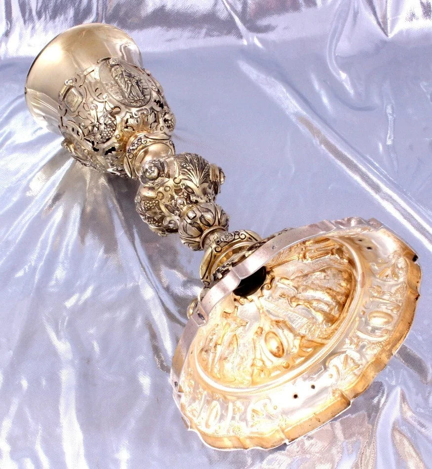 FAVIER -SPLENDIDE EXCEPTIONNEL CALICE BAROQUE -ARGENT MASSIF MINERVE VERMEIL XIX