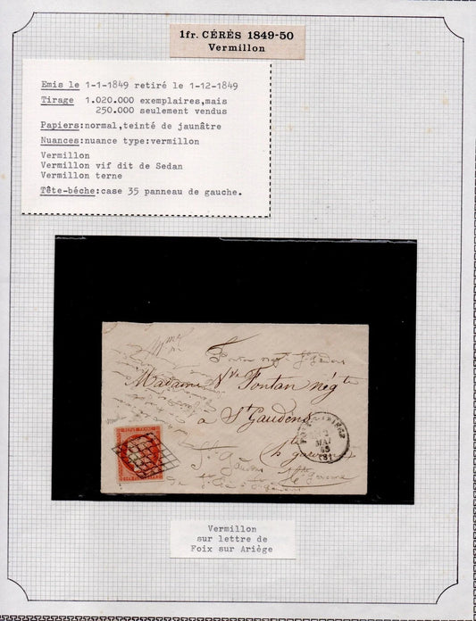 TIMBRE 1F VERMILLON VIF sur LETTRE / autenthique de SPERATI / RARISSIME
