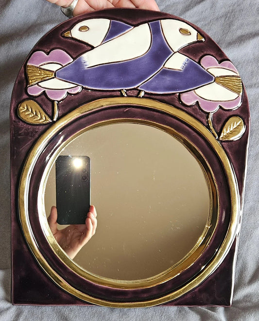 Miroir MITHE ESPELT céramique émaillée violet mauve blanc et or Oiseaux & Fleurs