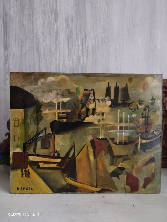 Tableau Ancien Signé A.LHOTE Figurant un Port