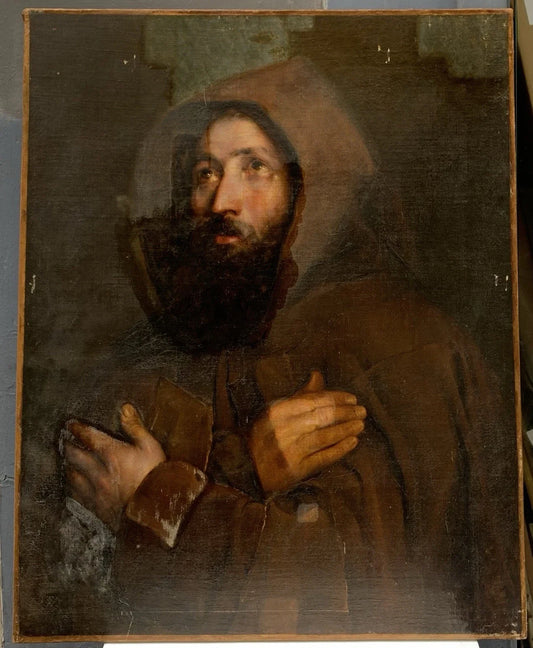 Grand Tableau Ancien Huile Portrait Religieux Moine Prière XIXe