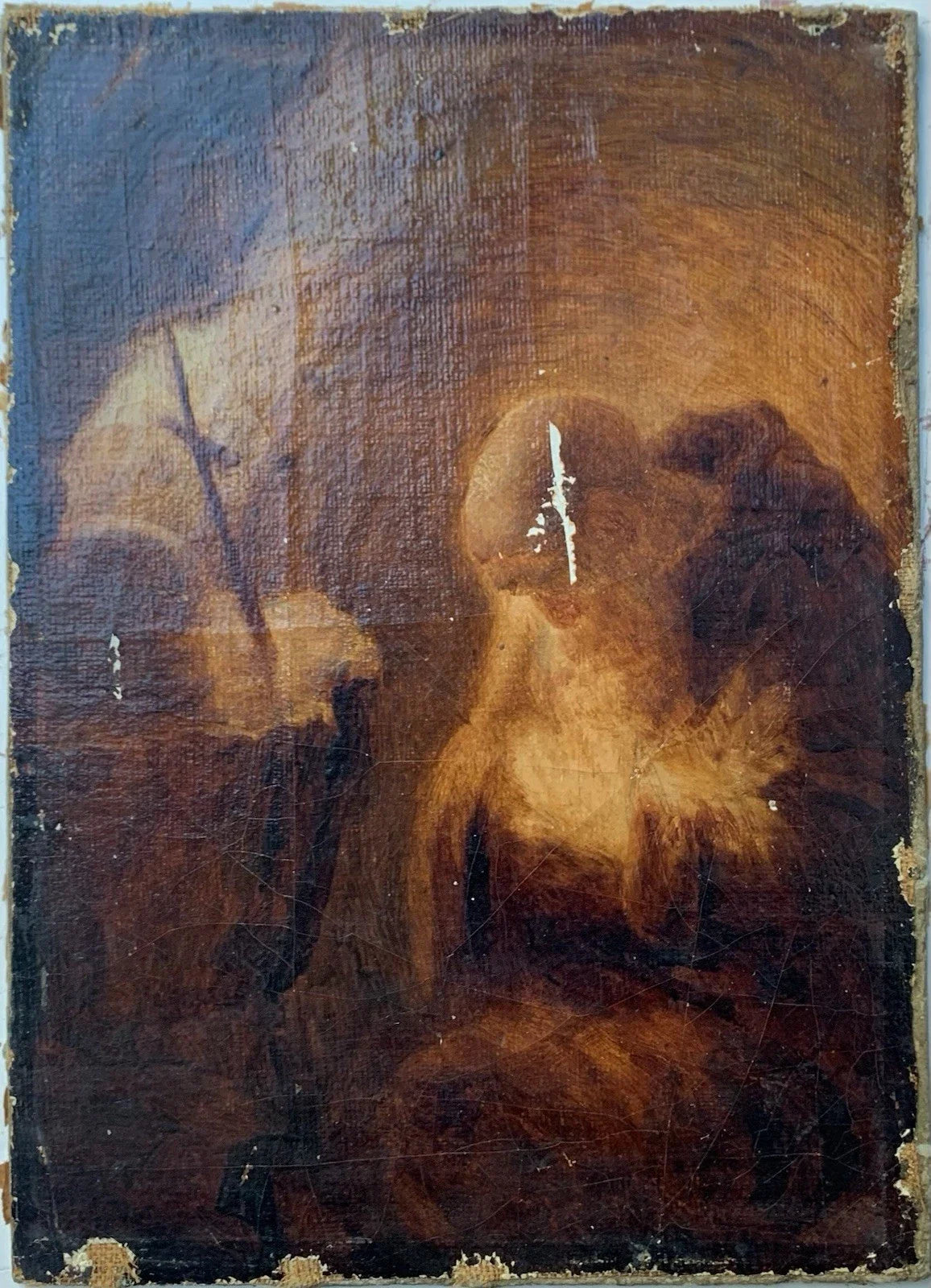 Tableau Ancien Huile Portrait Ermite Caverne Vanité Crâne Mention Rembrandt 1635