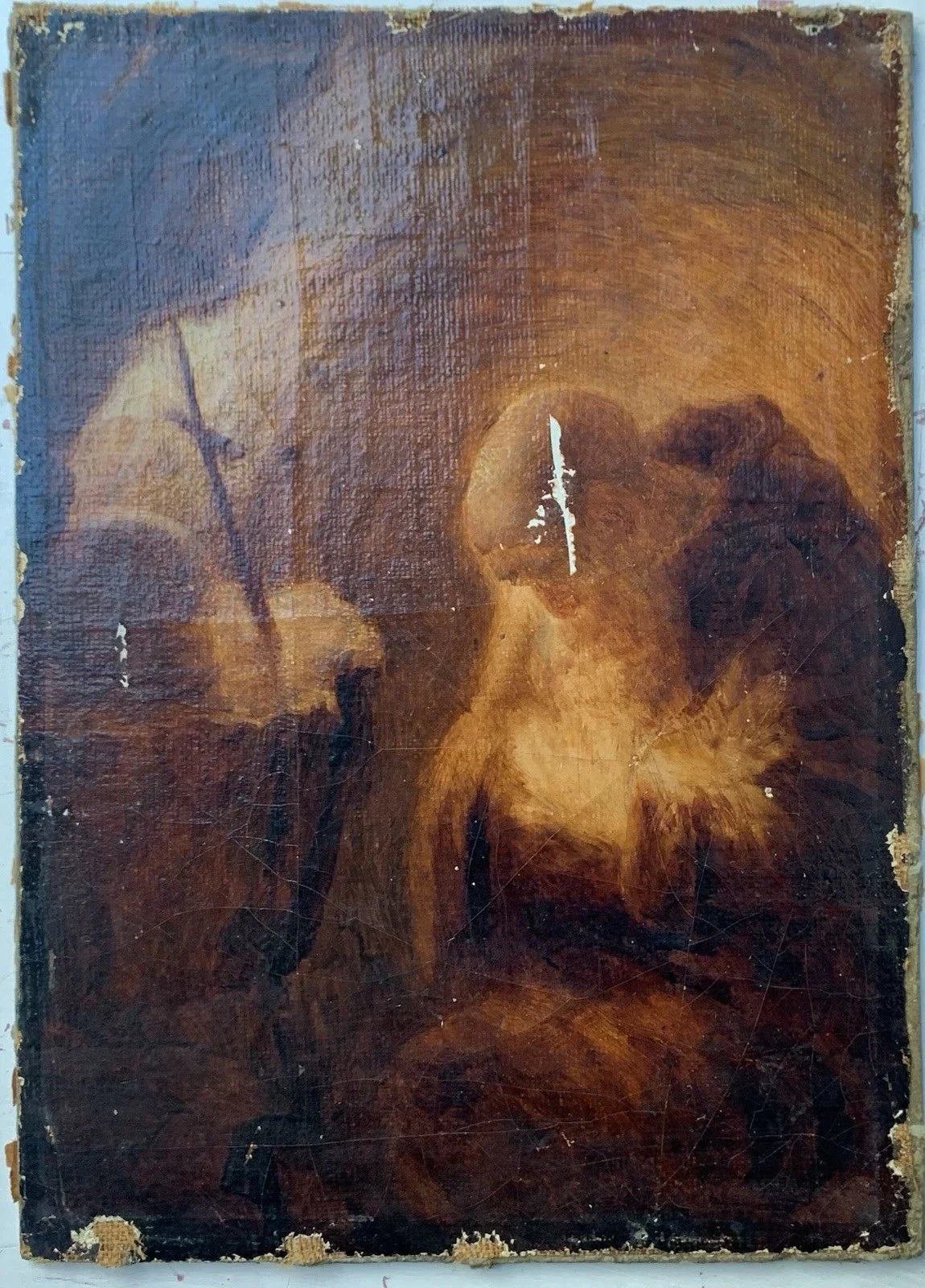 Tableau Ancien Huile Portrait Ermite Caverne Vanité Crâne Mention Rembrandt 1635