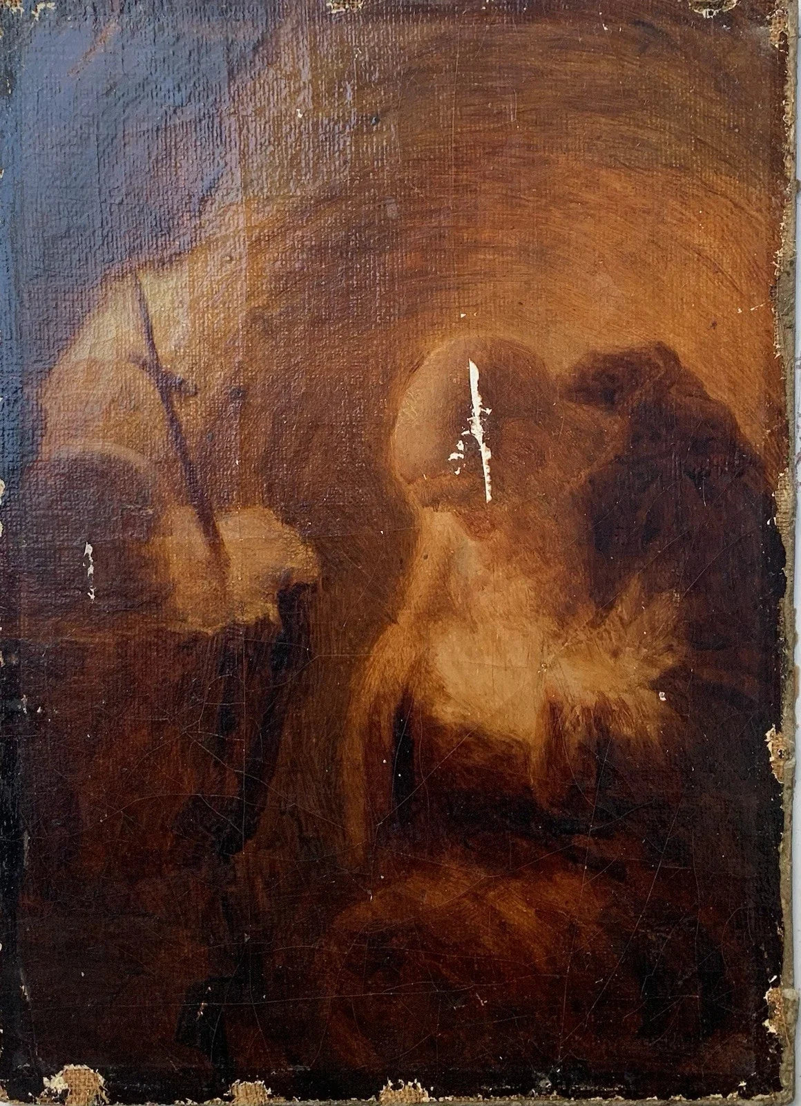 Tableau Ancien Huile Portrait Ermite Caverne Vanité Crâne Mention Rembrandt 1635
