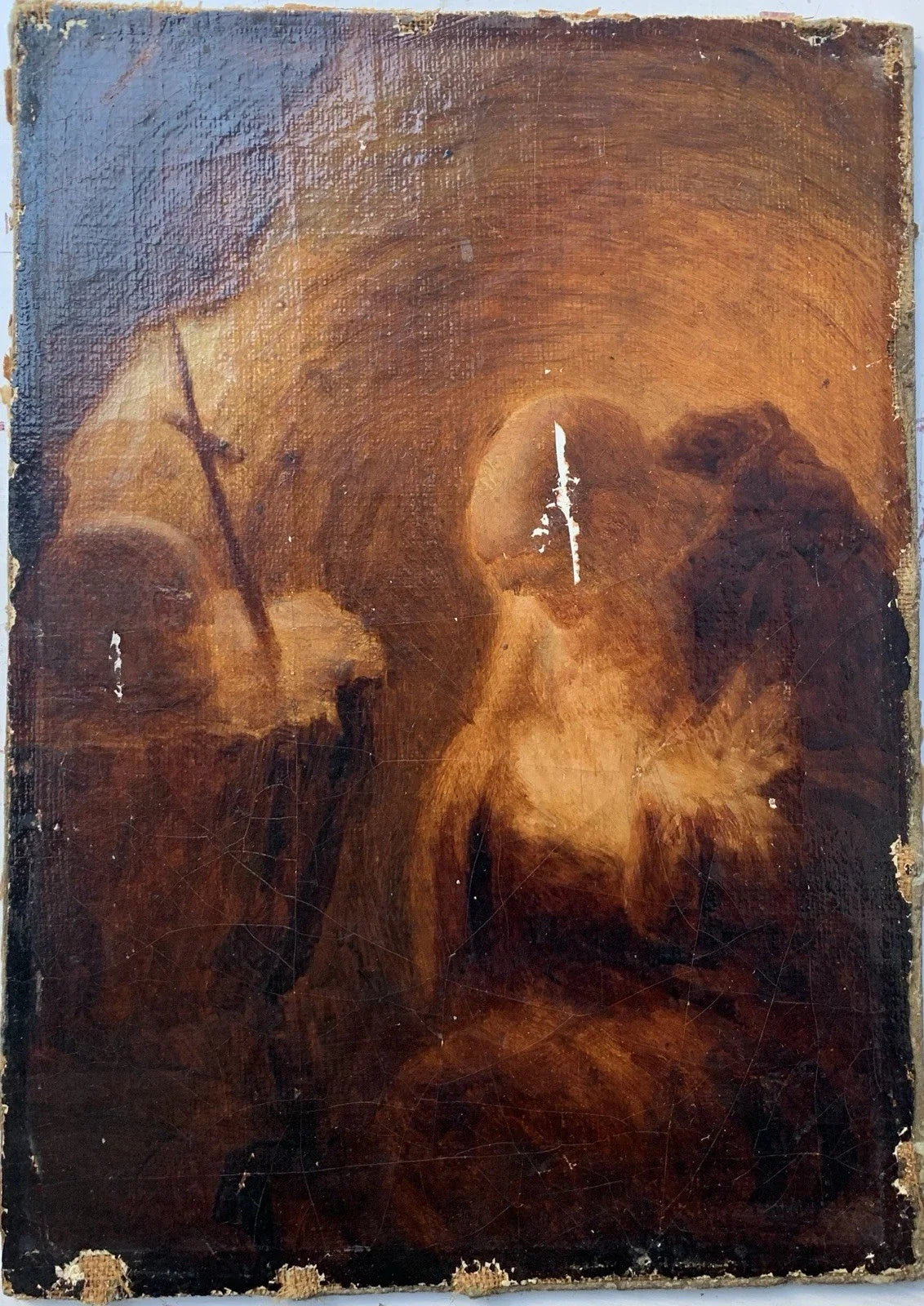 Tableau Ancien Huile Portrait Ermite Caverne Vanité Crâne Mention Rembrandt 1635