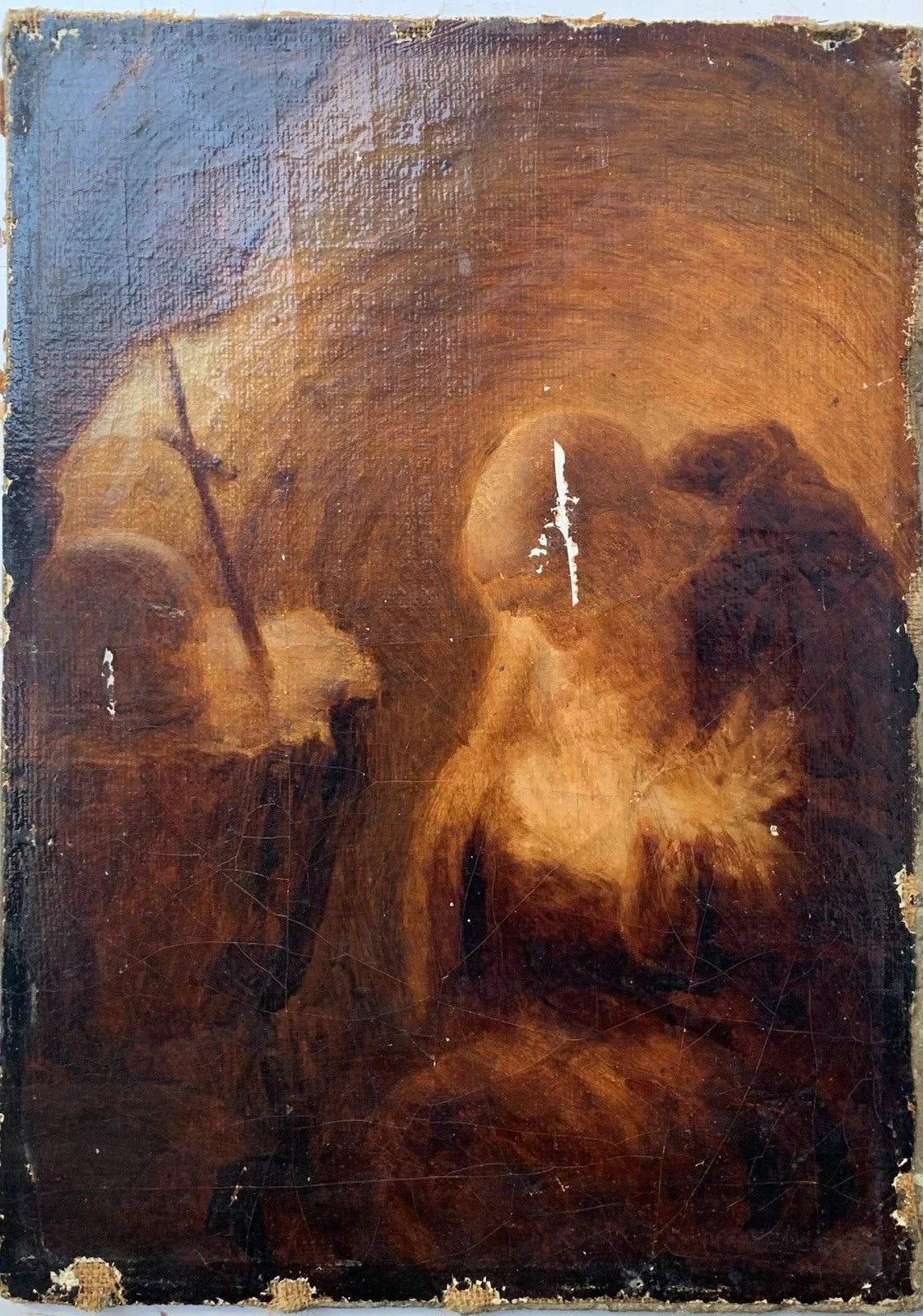Tableau Ancien Huile Portrait Ermite Caverne Vanité Crâne Mention Rembrandt 1635