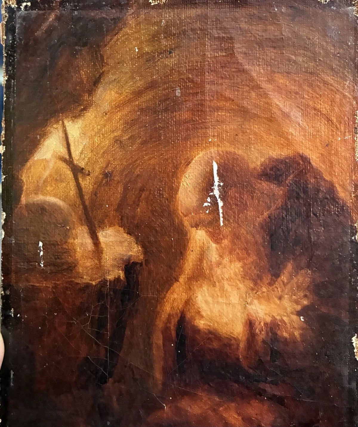 Tableau Ancien Huile Portrait Ermite Caverne Vanité Crâne Mention Rembrandt 1635