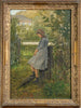 Tableau ancien impressionniste portrait de jeune fille pensive signé C.PISSARRO