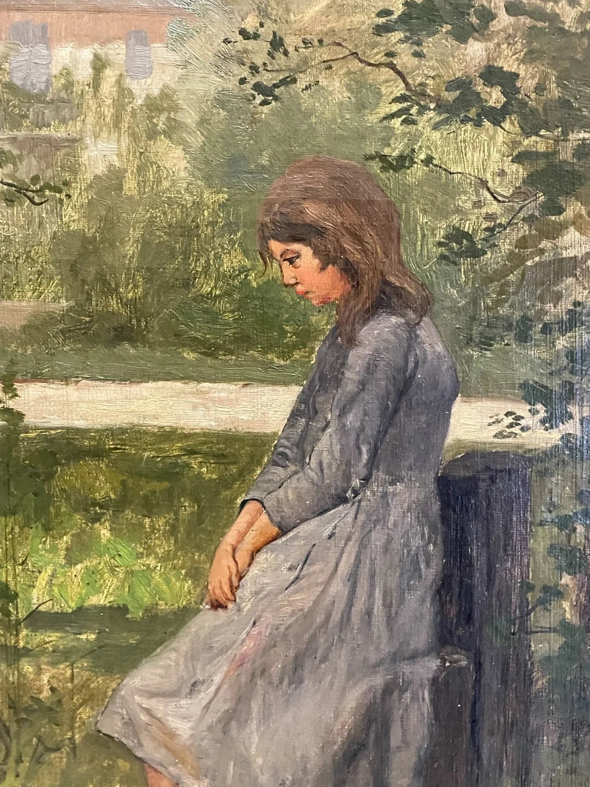 Tableau ancien impressionniste portrait de jeune fille pensive signé C.PISSARRO