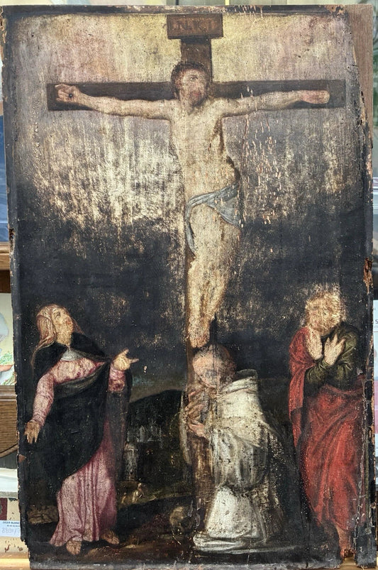Tableau Religieux Ancien Huile Christ Croix Paysage Michel-Ange Renaissance XVIe