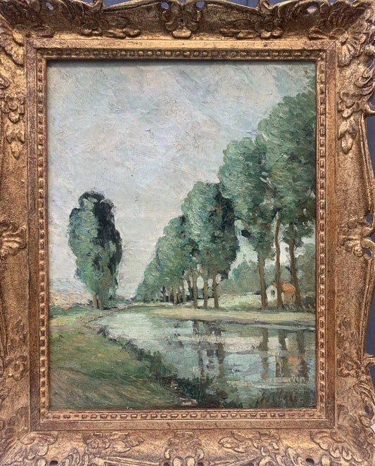 Tableau Ancien Huile Toile Paysage Rivière Arbres Signature « Sisley » XIXe