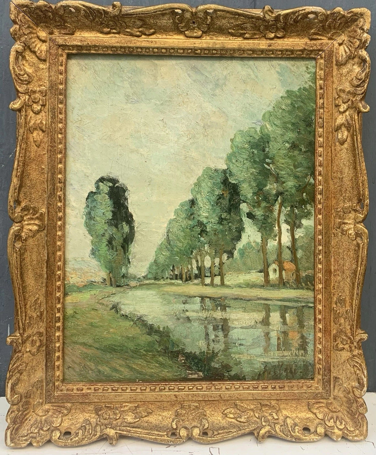 Tableau Ancien Huile Toile Paysage Rivière Arbres Signature « Sisley » XIXe