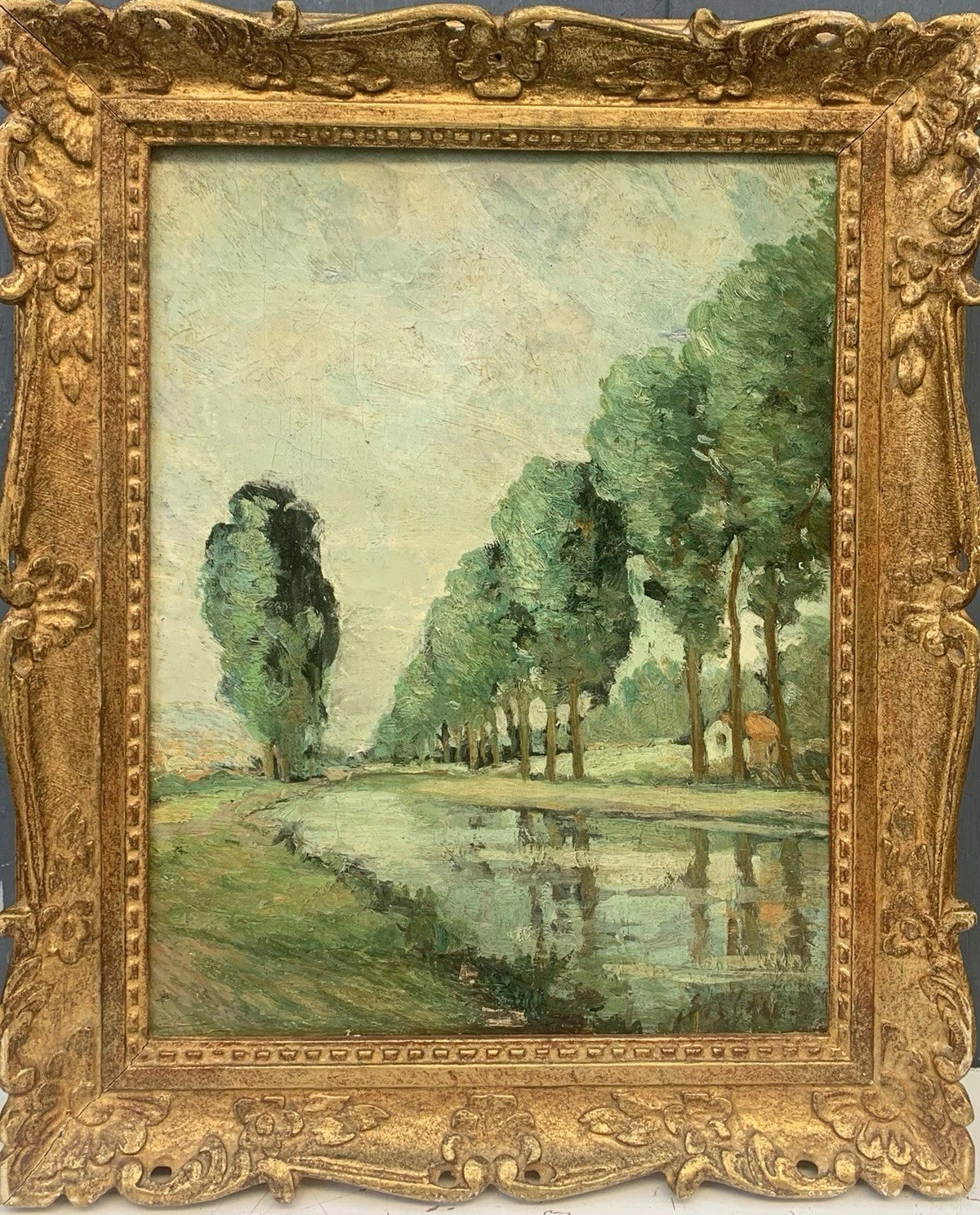 Tableau Ancien Huile Toile Paysage Rivière Arbres Signature « Sisley » XIXe