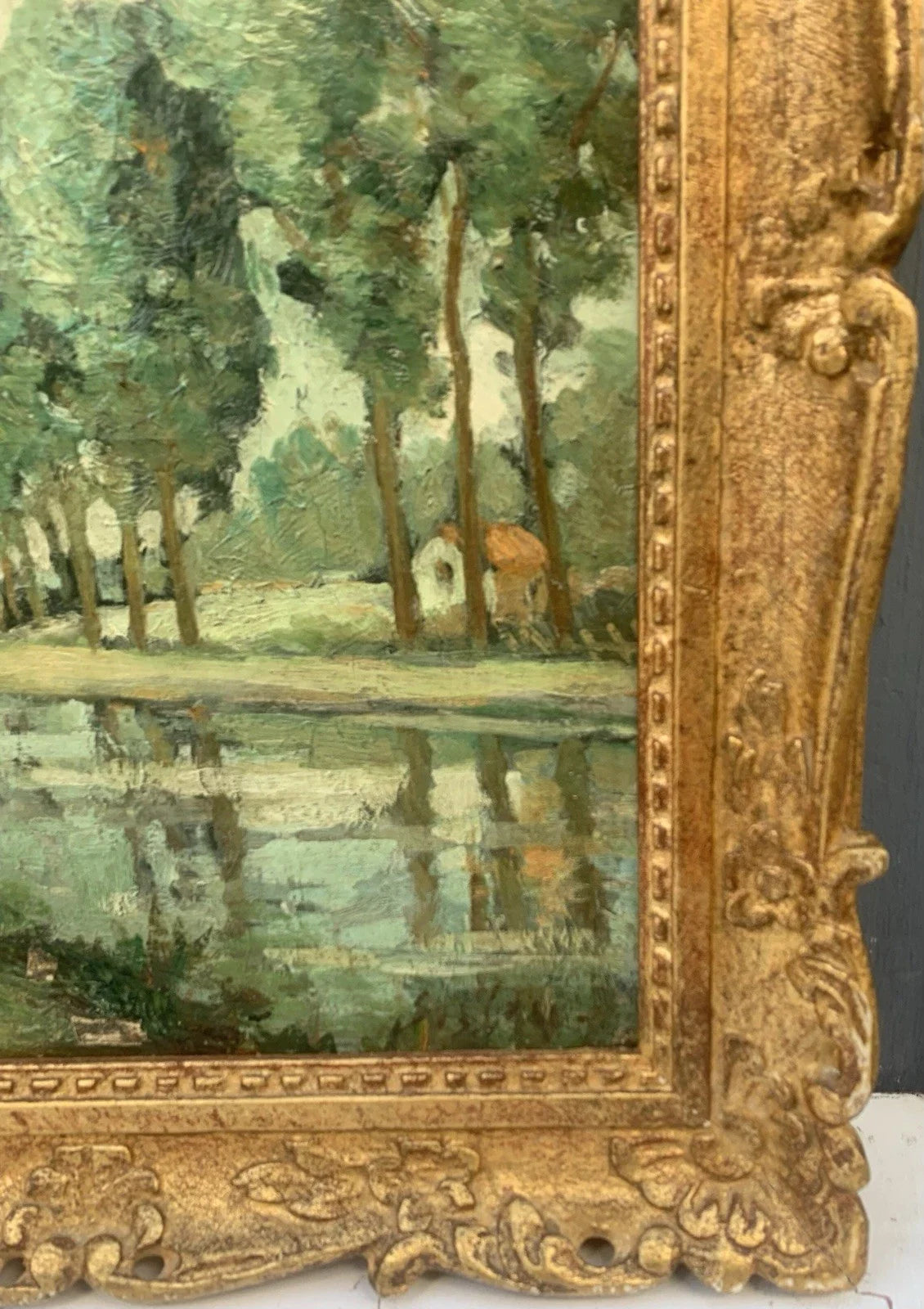 Tableau Ancien Huile Toile Paysage Rivière Arbres Signature « Sisley » XIXe