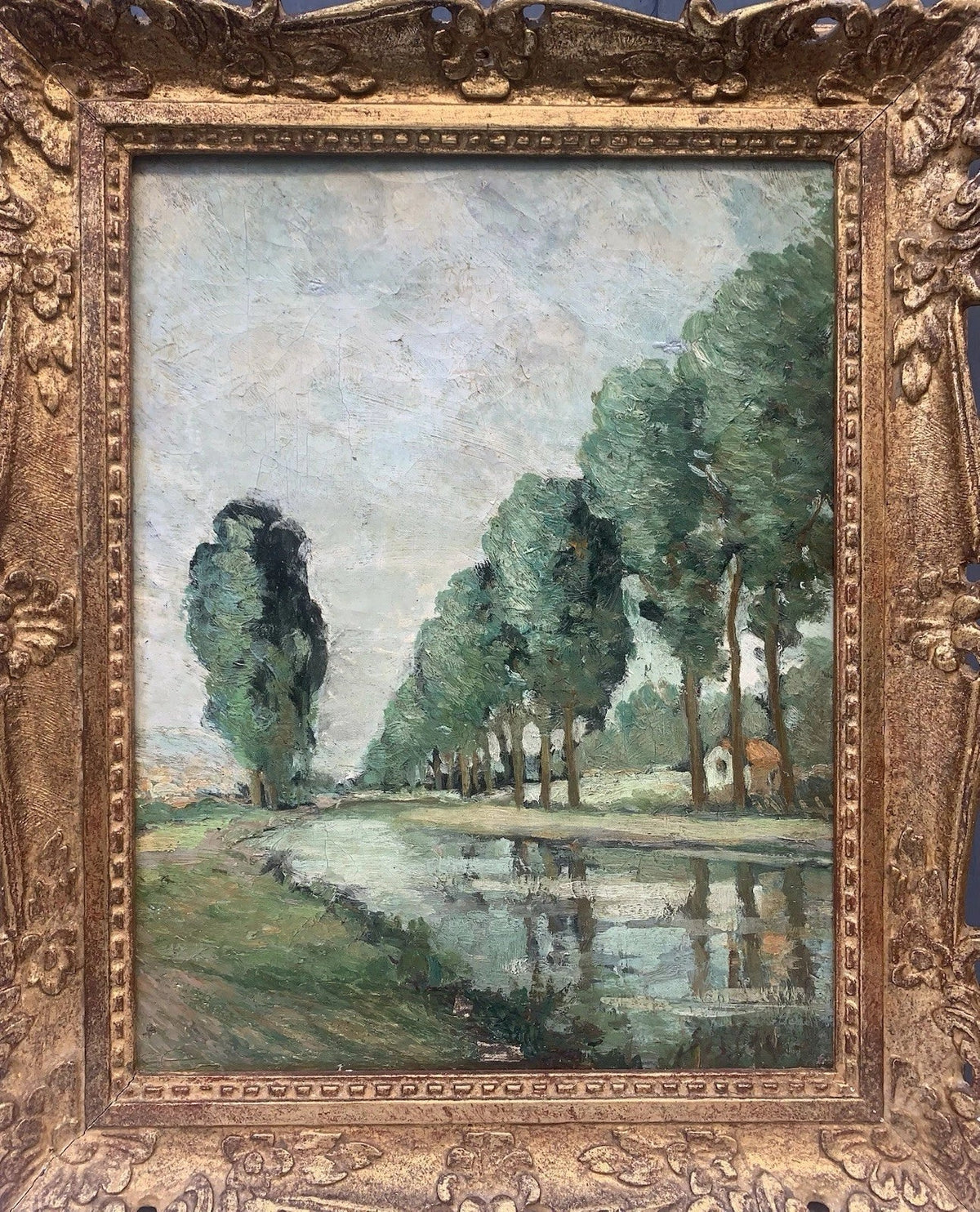Tableau Ancien Huile Toile Paysage Rivière Arbres Signature « Sisley » XIXe