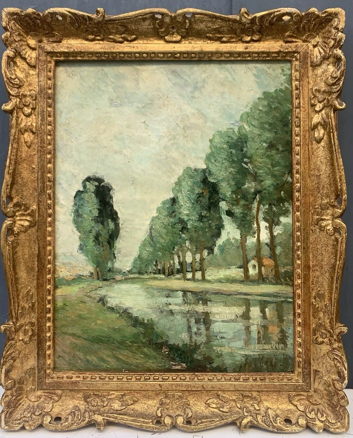 Tableau Ancien Huile Toile Paysage Rivière Arbres Signature « Sisley » XIXe