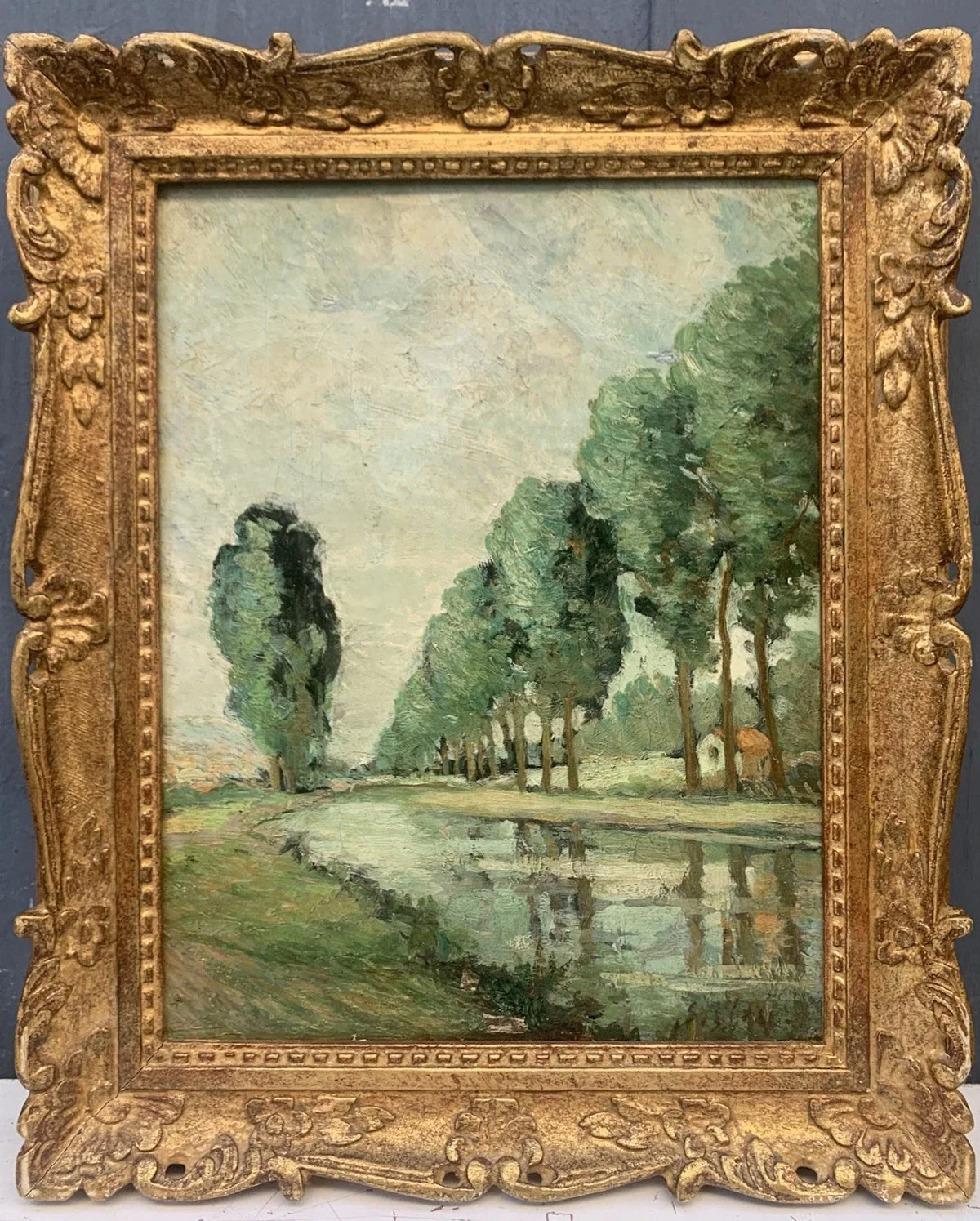 Tableau Ancien Huile Toile Paysage Rivière Arbres Signature « Sisley » XIXe