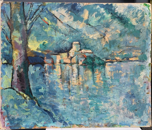 Grand Tableau Ancien Huile Carton Paysage Fond Bleu Proche Cezanne Début XXe