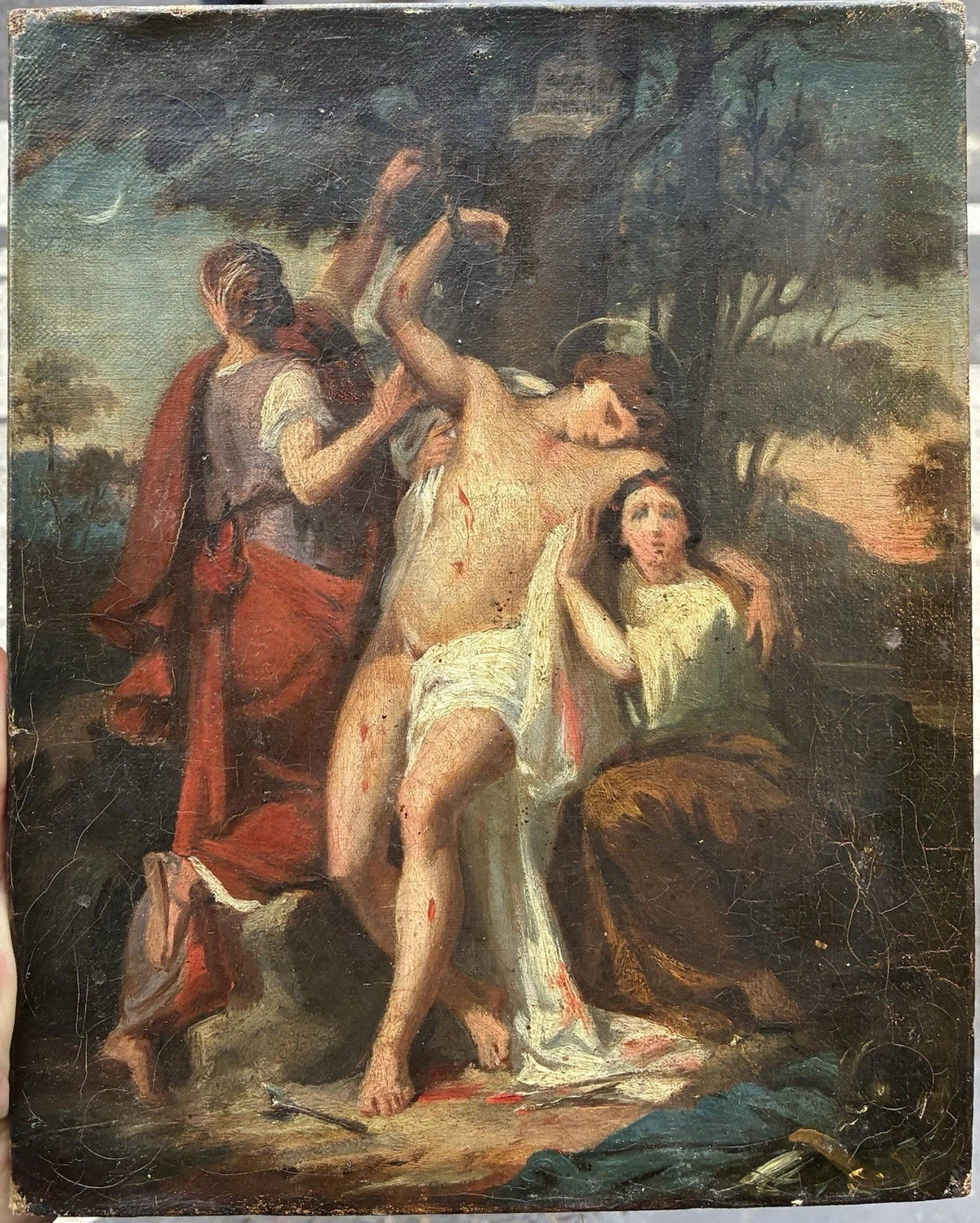 Tableau Ancien Huile Toile Scène Religieuse Saint Sebastien Romantique XIXe