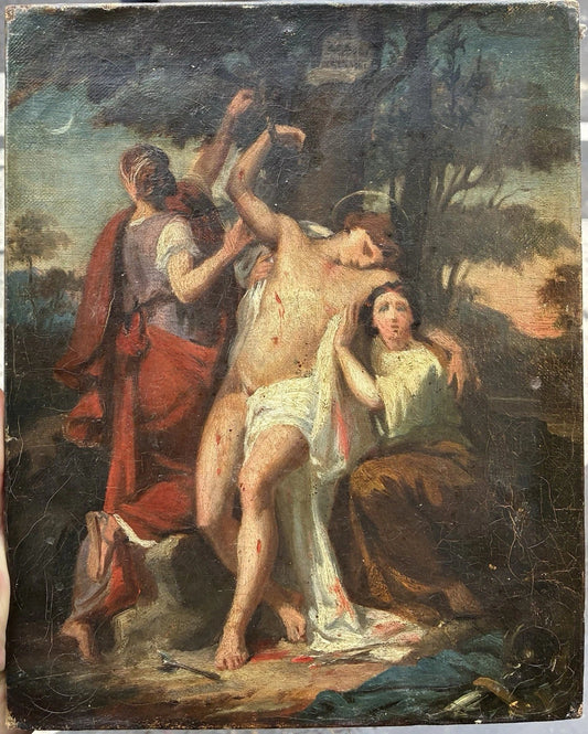 Tableau Ancien Huile Toile Scène Religieuse Saint Sebastien Romantique XIXe