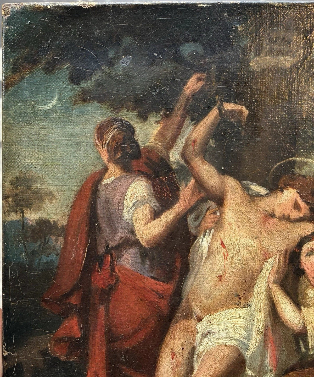 Tableau Ancien Huile Toile Scène Religieuse Saint Sebastien Romantique XIXe