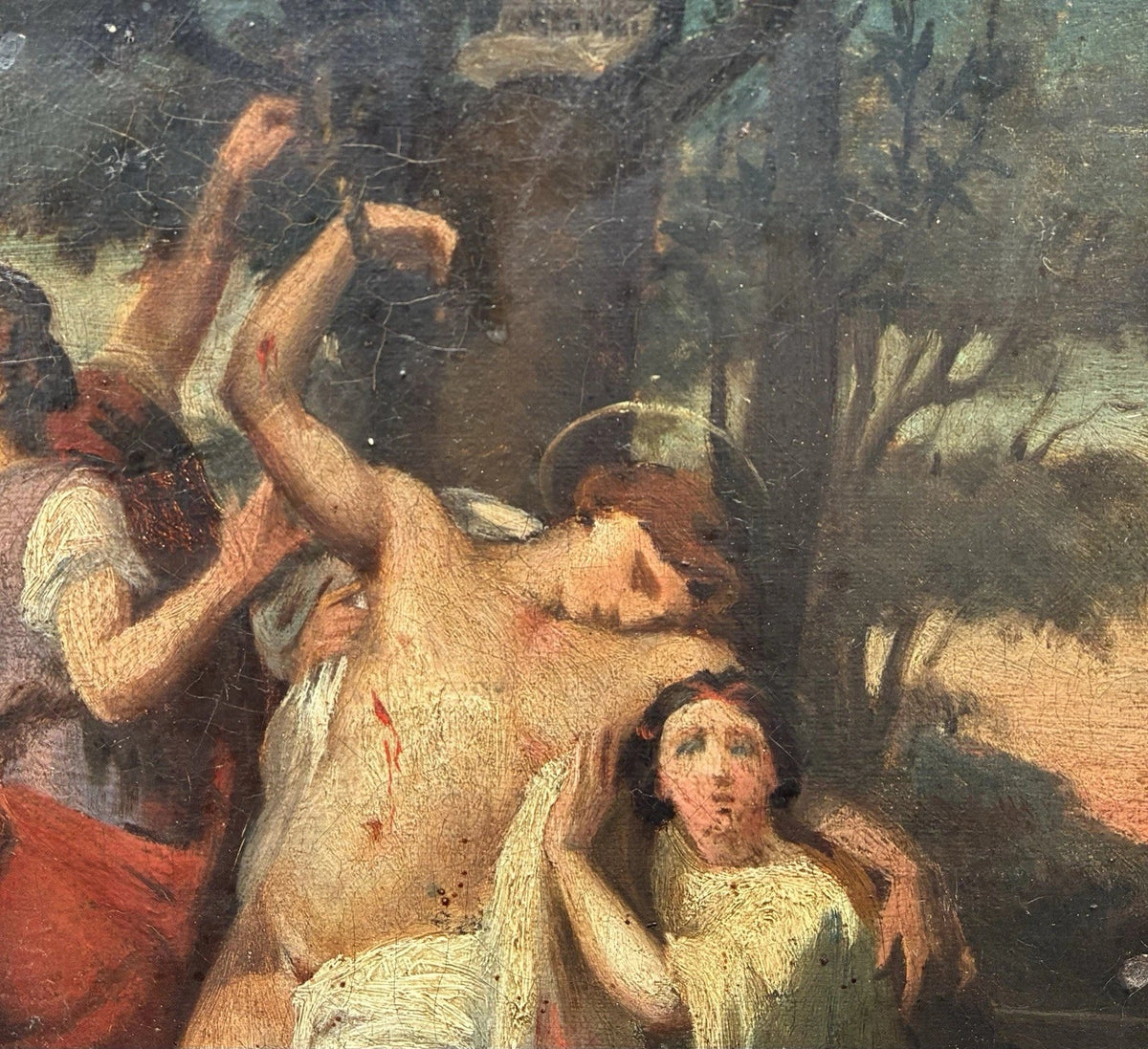 Tableau Ancien Huile Toile Scène Religieuse Saint Sebastien Romantique XIXe