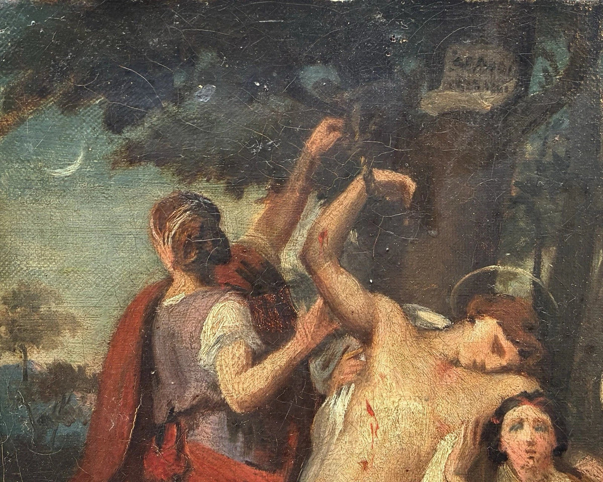 Tableau Ancien Huile Toile Scène Religieuse Saint Sebastien Romantique XIXe