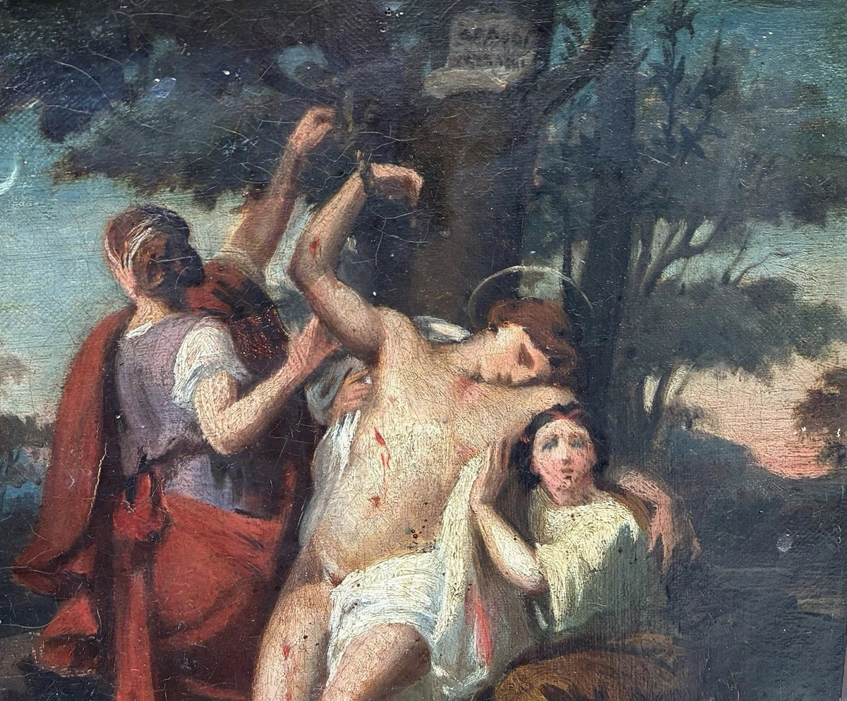Tableau Ancien Huile Toile Scène Religieuse Saint Sebastien Romantique XIXe