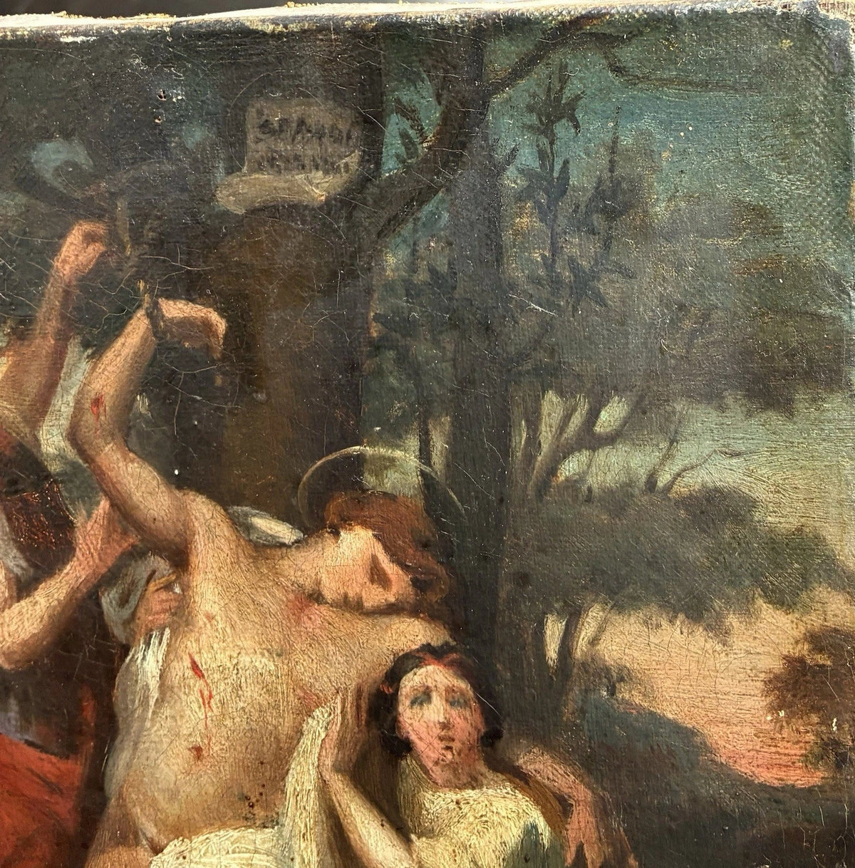 Tableau Ancien Huile Toile Scène Religieuse Saint Sebastien Romantique XIXe