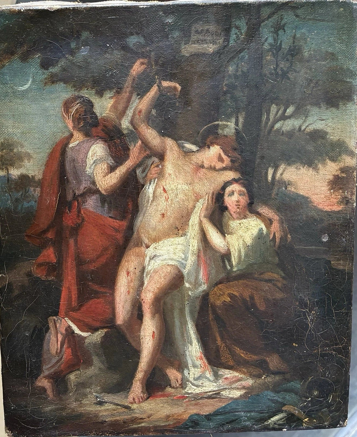 Tableau Ancien Huile Toile Scène Religieuse Saint Sebastien Romantique XIXe