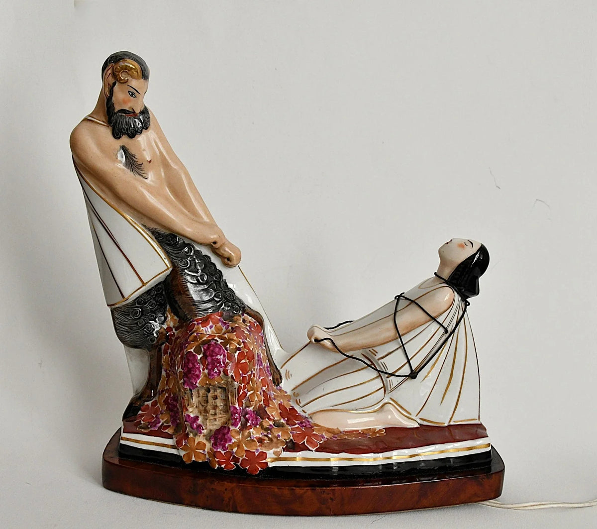 Argilor : rare veilleuse-brûle parfum Art Déco " Faune et sa captive", signée