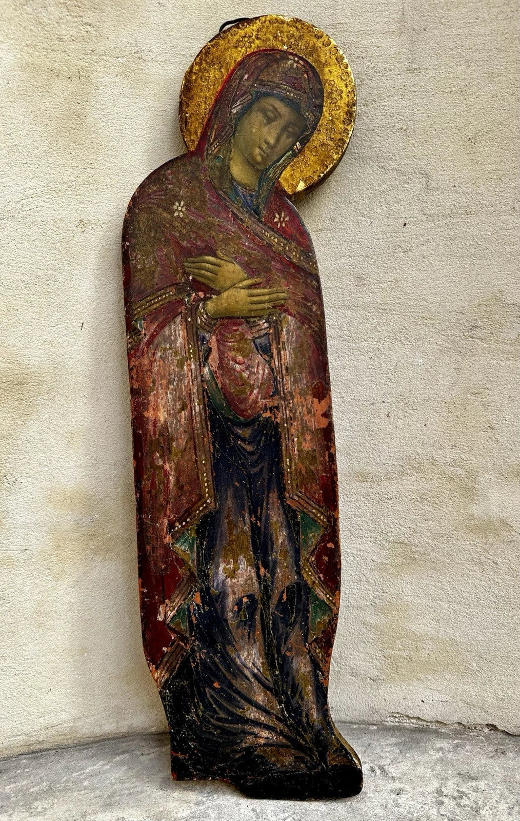 Tableau Ancien Portrait Vierge Marie en Prière Peinture Religieuse Icône s/ Bois