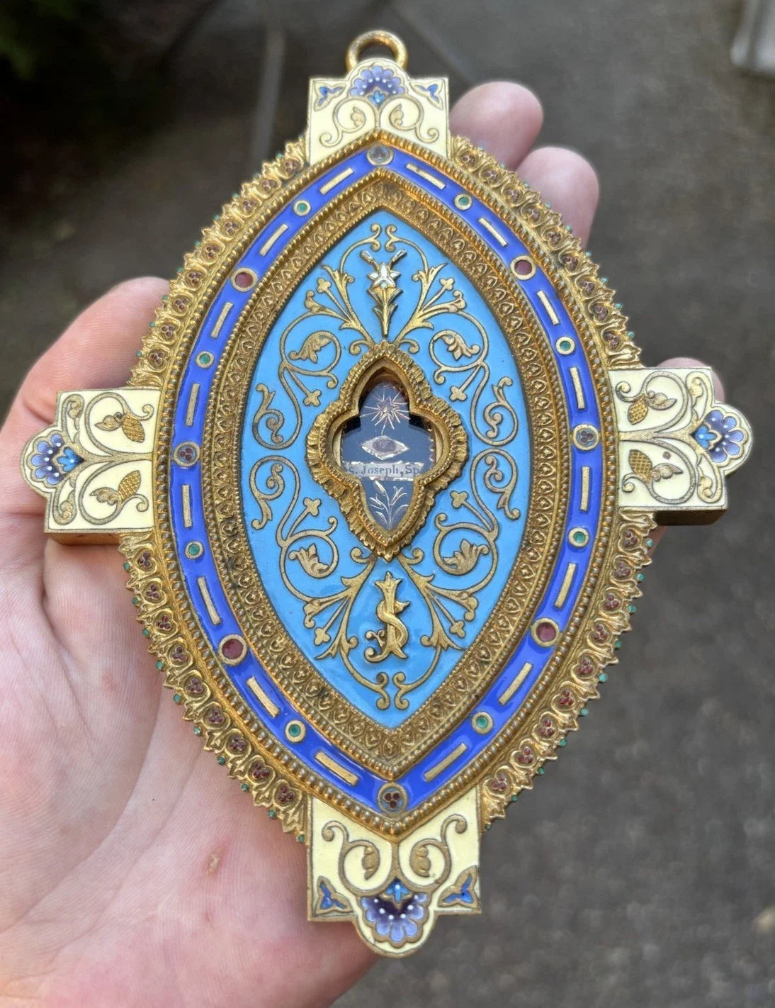 Rare Antique Enamel Gilt Bronze Reliquary, St. Joseph Relic 19th/reliquaire