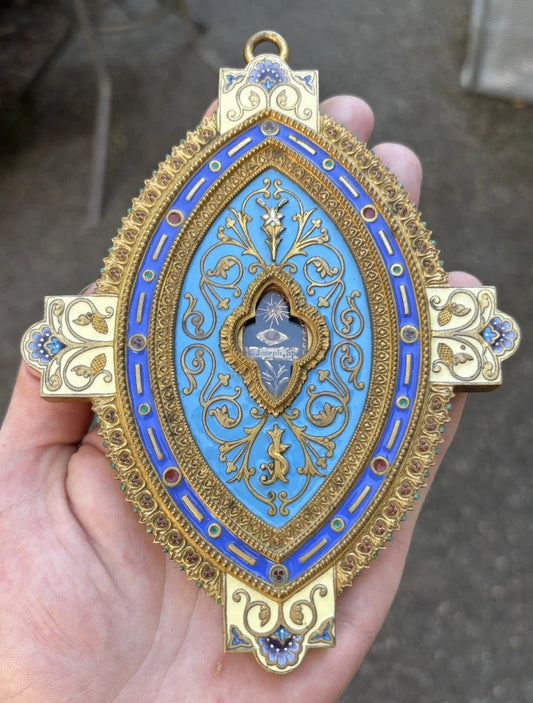 Rare Antique Enamel Gilt Bronze Reliquary, St. Joseph Relic 19th/reliquaire