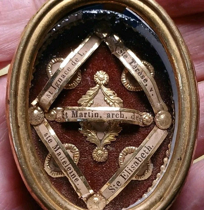 RELIQUAIRE ST MARTIN STE THÉRÈSE ST IGNACE ST MADELEINE 1890 BOÎTIER MÉTAL DORÉ.