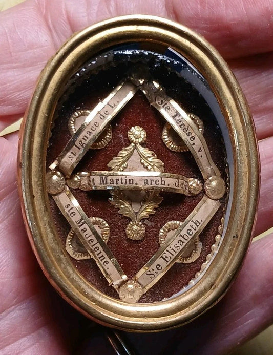 RELIQUAIRE ST MARTIN STE THÉRÈSE ST IGNACE ST MADELEINE 1890 BOÎTIER MÉTAL DORÉ.