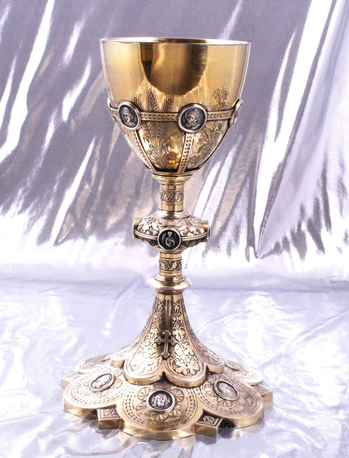 CHERTIER - SUPERBE GRAND CALICE AUX MEDAILLONS ARGENT MASSIF MINERVE VERMEIL XIX