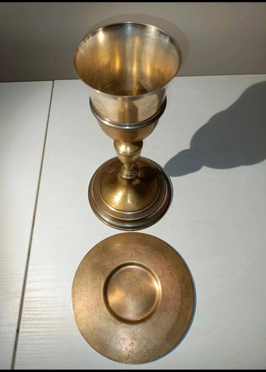 Ancien calice liturgique argent 800 coupe amovible vermeil patène fin 800-