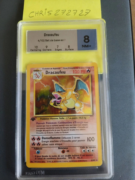Carte Pokemon Dracaufeu 4/102 Holo Set de base Edition 1 - MTG Grade 8