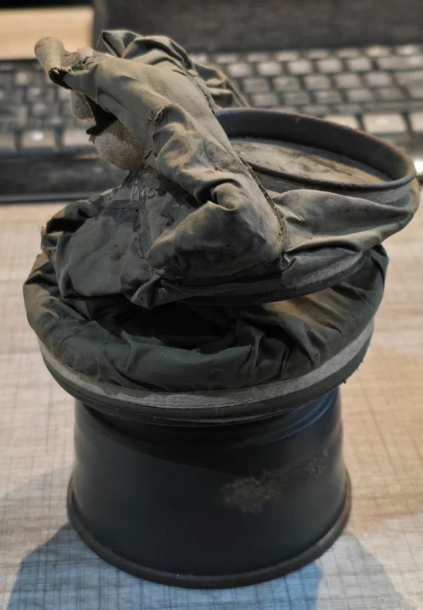 MASQUE A GAZ ALLEMAND WW1 COMPLET AVEC NOM DU SOLDAT VERDUN FEVRIER 1916