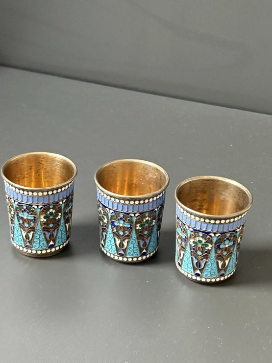 Lot 3 Gobelets En Argent Massif Émaillé Cloisonné Russian Sterling 19 Siècle