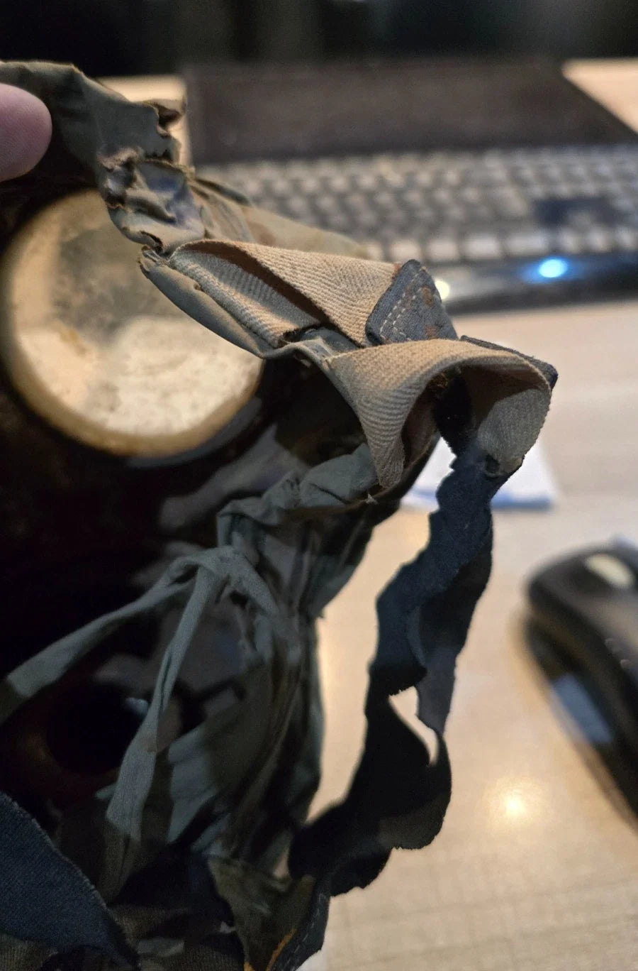 MASQUE A GAZ ALLEMAND WW1 COMPLET AVEC NOM DU SOLDAT VERDUN FEVRIER 1916