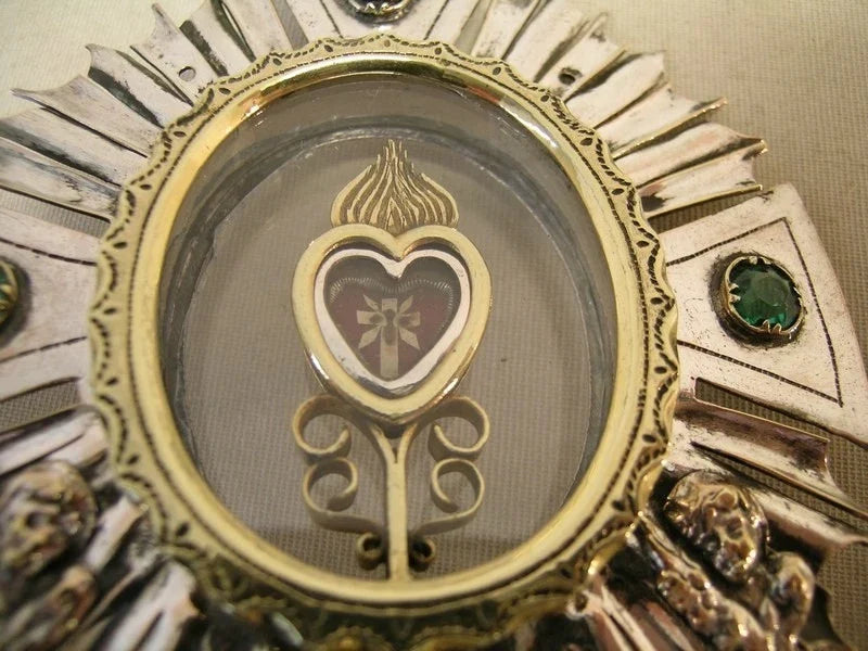 Ancien reliquaire ostensoir plaqué argent avec relique dorée vraie croix Jésus